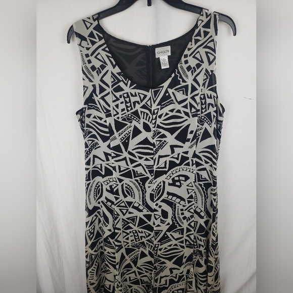 Chico's Black And Taupe Abstract Shapes Sleeveless Maxi 100% Silk Dress Sz L - Picture 3 of 10